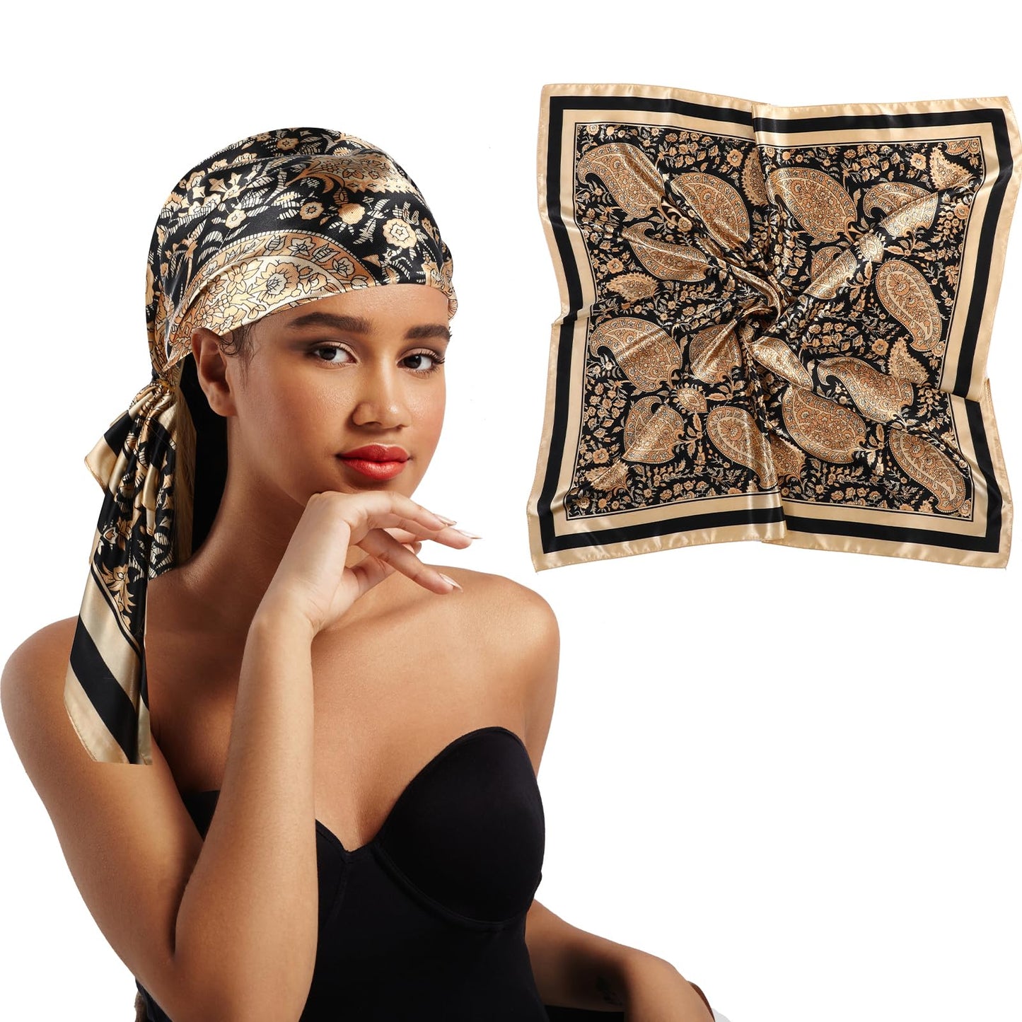 Yuanchu Satin Bandana Large Square Paisley Women's Headscarf 90 cm, black gold, 90 x 90 cm / 35.4 x 35.4in