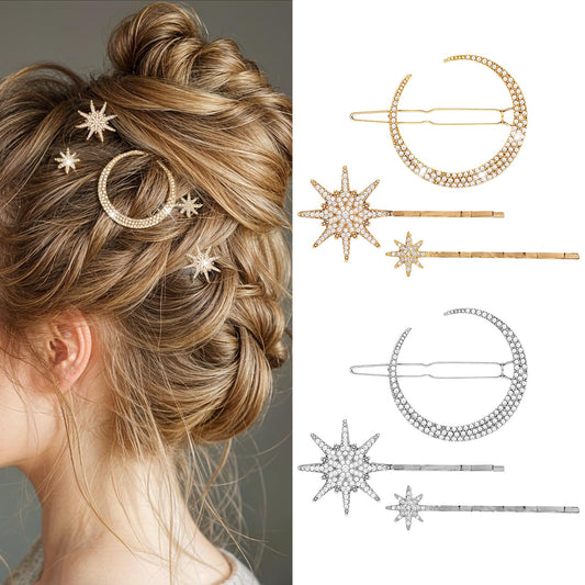 AOZUO Pack of 6 Star Metal Hair Clips Girls, Star Moon Metal Hair Clips with Rhinestones, Hair Pins for Bride and Wedding, Hair Accessories for Women and Girls (Gold + Silver)