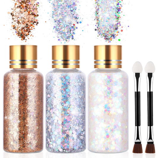 Giantree Glitter for Face Body with 2 Double-sided Cotton Makeup Brushes, 3Pcs 30ml Face Glitter Body Glitter Gel Glitter Make-up for Masquerade Christmas Festival Party Decoration