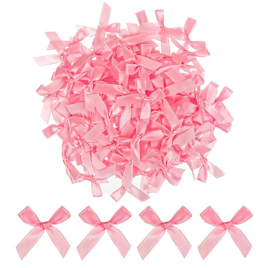 AOZUO 100 Pieces Tiny Bows, Mini Pink Bows DIY Satin Fabric Bow Gift Wrapping Small Ribbon Bow Premade Bow for Treat Bags Cake Pops Candy Wedding Favors Bridal Shower Christmas Decor(Pink)