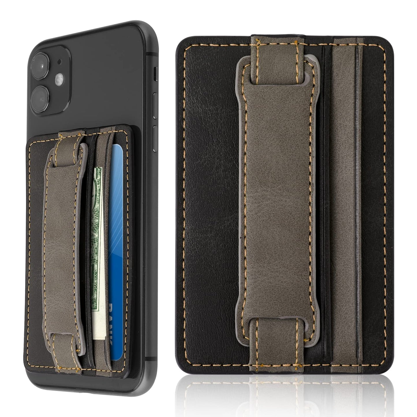 Cobee Cell Phone Card Holder Pouch Self-Adhesive Phone Kickstand with Elastic Band Stick on Wallet Card Holder for Back of Phone Case Leather ID Card Holder Sleeve Pouch (Black)