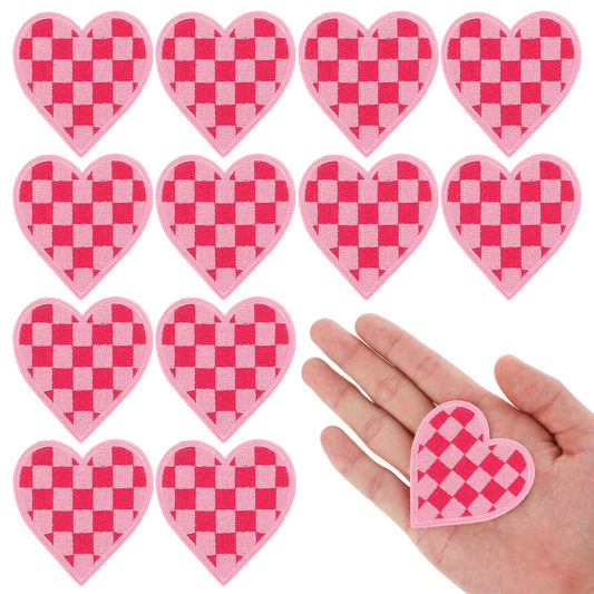 Molain 12pcs Heart Iron On Patches, Checkered Heart Patches Embroidered Sew On Patches Classic Checkered Decorative Applique for T-Shirts Jackets Jeans Vests Hats Backpacks 2.6x2.4 Inch(Pink)