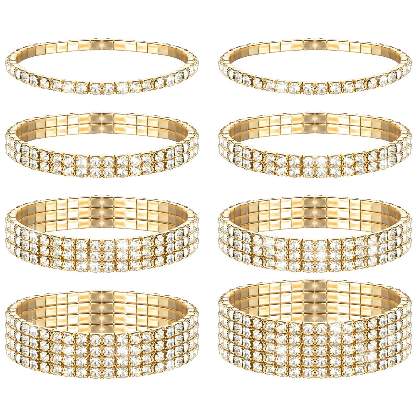 GEEHUA 8Pcs Rhinestone Bracelets, Stackable Rhinestones Stretch Bangle Crystal Silver Sparkl Bridal Bracelet Tennis Bracelet Set Bling Wedding Bangles for Women Brides Prom Party(Gold)