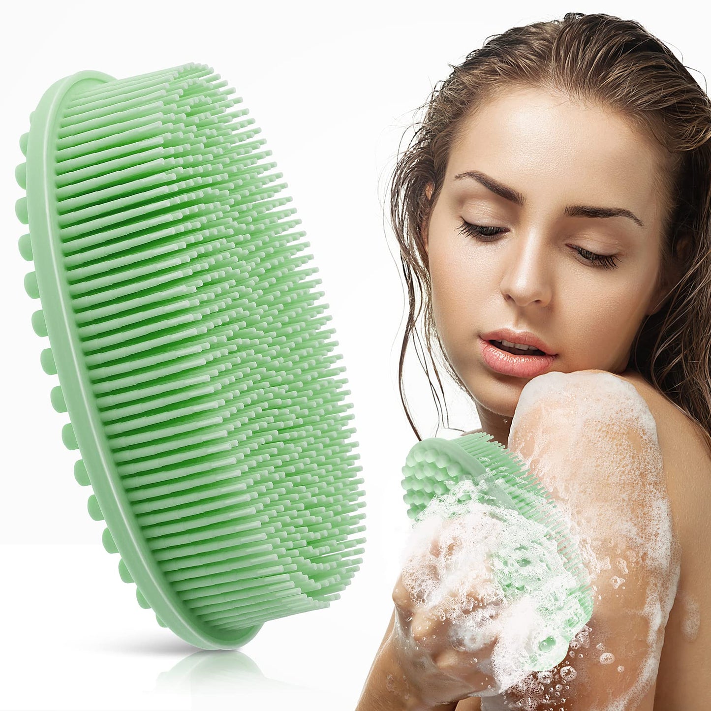 Cobee Silicone Bath Brush, Soft Body Scrubber Exfoliating Shower Brush Loofah Brush Body Scrub Brush Head Massage Brush 2 in 1 Shampoo Brush for Women Men All Kinds of Skin(Green)