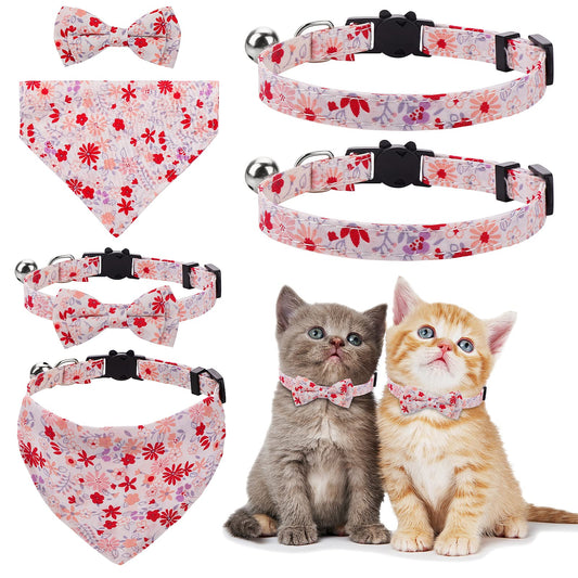 Molain 2 Pcs/Sets Cat Collars with Bells Removable Bow Tie Bandana 2 Pet Collars+1 Dog Bandana+1 Bow Kitten Collar Cat Bandana Dog Bowtie Adjustable Collar for Cats Dogs Puppy Pets Cat Accessories