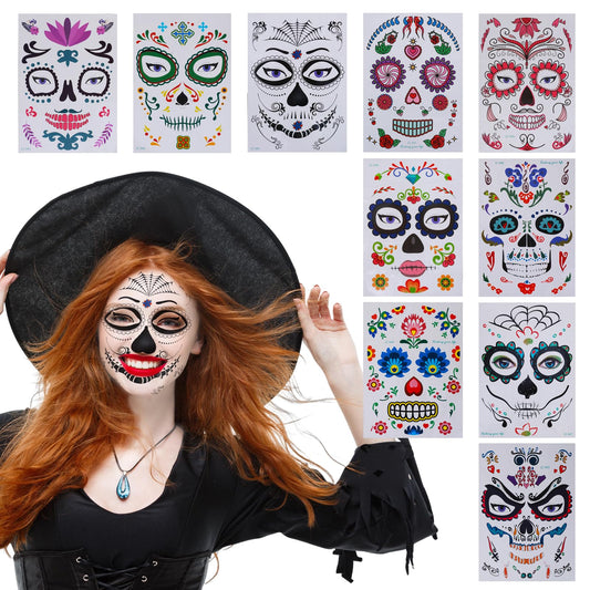 Amaxiu Day of the Dead Face Temporary Tattoos, 10 Sheet Halloween Face Makeup Tattoo Stickers Sugar Skull Floral Red Rose Spider Web Festival Full Face Tattoo for Halloween Masquerade Cosplay Party