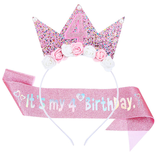 HJZHII Birthday Princess Crown and Sash Set, Glitter Flower Tiara Decorations for Girls Happy Birthday Party Headband Outfit Decor(4th)