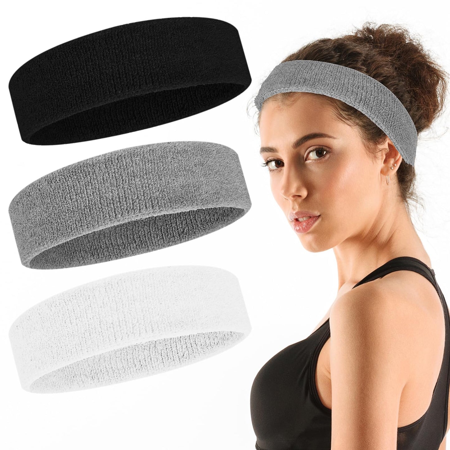 Amabro 3PCS Elastic Headbands, Soft Sport Headbands Comfortable Stretchy Sweat Headbands Non-Slip Thick Hair Bands Workout Hair Warps for Makeup Travel Fitness Yoga Running(Black, Gray, White)
