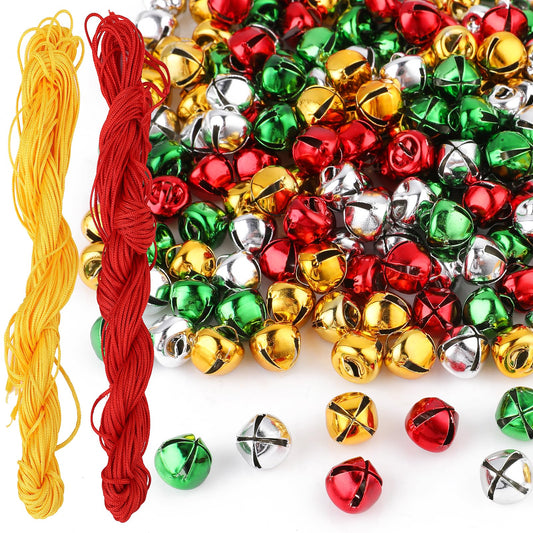 Amaxiu 200pcs Jingle Bells, 0.4 Inch Christmas Bells with 20m Cords Colorful DIY Mini Craft Bells Bulk for Xmas Tree Hanging Ornaments Christmas Wreath Home Festival Decoration Jewelry Making