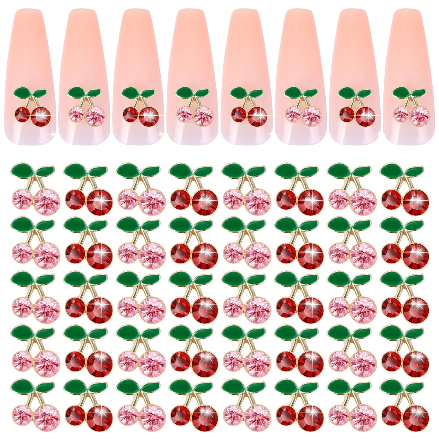 TIESOME 40 Pcs 3D Rhinestones Cherry Nail Charms, Acrylic Cherry Nail Art Decor Shiny Gems Nail Studs Crystal Diamond Fruit Nail Charm Cute DIY Manicure Supplies for Various Nail Crafts