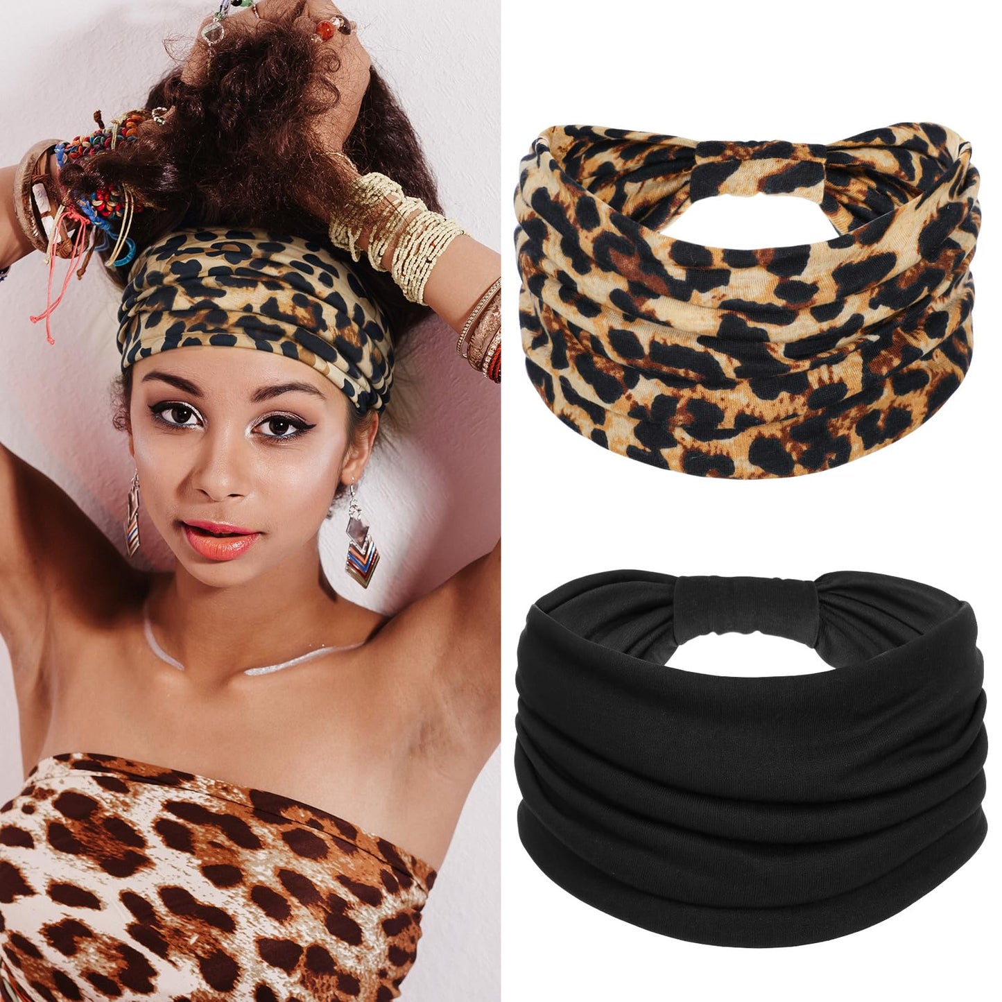 Yuanchu 2 Pieces Wide Headbands for Women, Non-Slip Thick Boho Hair Bands Stylish Yoga Headwear Large African Sports Headbands Hair Accessories (Leopard+Black)