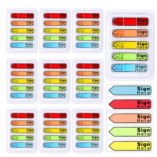 AOZUO 1000PCS/10 Packs Sign Here Tabs, Sign Date Stickers Sign Here Flags Sign Here Sticker with Dispenser Arrow 5 Colors Sign Here Tab for Office School Books Notebook