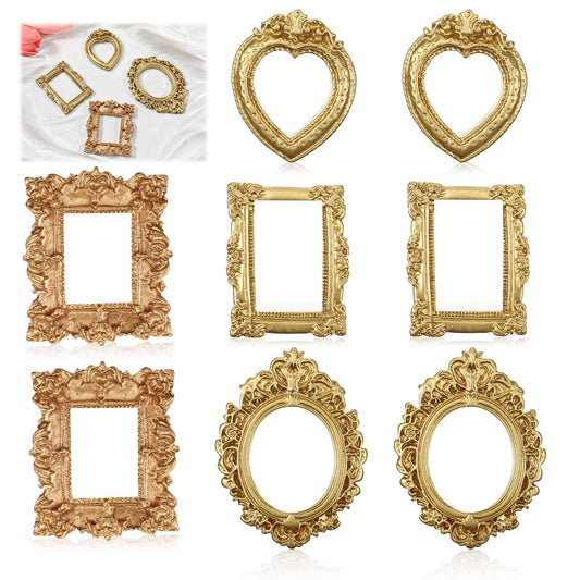HJZHII 8 Pcs Vintage Resin Picture Frames, Gold Antique Photo Frame Mini Picture Frames Small Antique Ornament TableTop Small Pictures Frame for DIY Photo Jewelry Display Christmas Wall Table Decor
