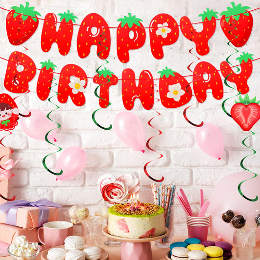 AOZUO Strawberry Happy Birthday Banner, Strawberry Party Decorations with Shimmering Red Letters Hanging Swirl Strawberry Paper Berry Sweet Girl Party Decoration for Birthday Shortcake Party Supplies