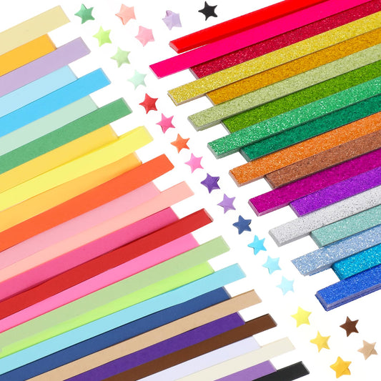 Jeffdad 900 Sheets Star Origami Paper, 27 Solid Color Stars Origami and 18 Color Glitter Stars Origami, Star Paper Strip for Making Origami Stars, Lucky Stars, Puff Stars(900Pcs Set)