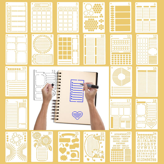 TIESOME 24 PCS Journal Stencils Templates Set with Stainless Steel Chain, 7 x 5inch Journal Stencils Templates Set Supplies Stencil Journal Stencils for Dotted Journals Notebook Scrapbook Calendar(B)