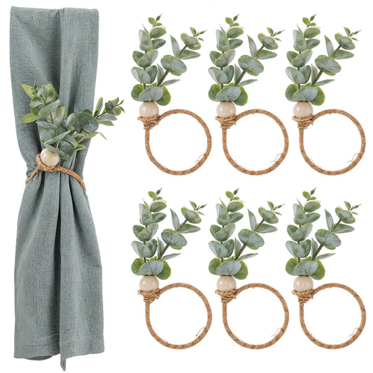 Amabro Napkin Rings Set of 6, Rustic Farmhouse Boho Green Leaf Eucalyptus Wood Bead Napkin Rings Holder for Fall Spring Thanksgiving Christmas Easter Weddings Table Decor