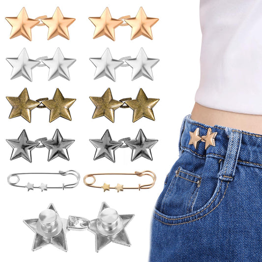 JIEYAO 10 Set Pant Waist Tightener, Star Buttons Pins for Loose Jeans Reusable Metal Waist Cincher Clip for Clothing Skirts s No Sewing Decoration Accessories