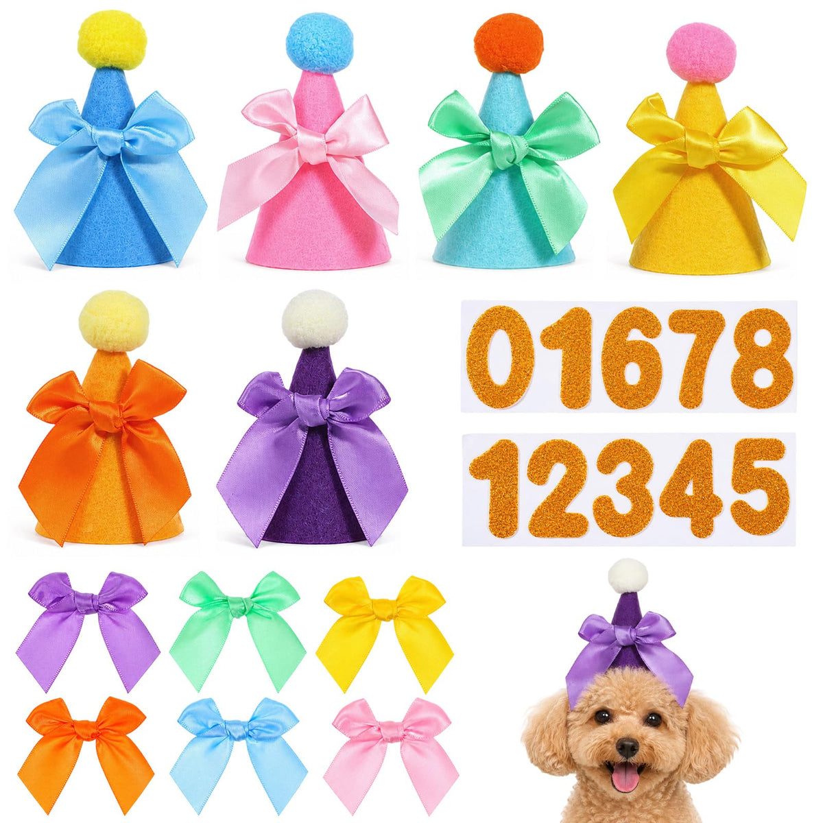 LXUEJIE 6 Pcs Mini Party Hats for Stuffed, Felt Birthday Hats with 6 Bows