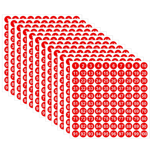 Molain 2500Pcs 1 to 100 Number Stickers, 25 Sheets Vinyl Number Stickers, Waterproof Labels, Self-Adhesive Numbered Stickers for Inventory Sorting, Storage Boxes, Office&School Supplies (Red, 0.4Inch)