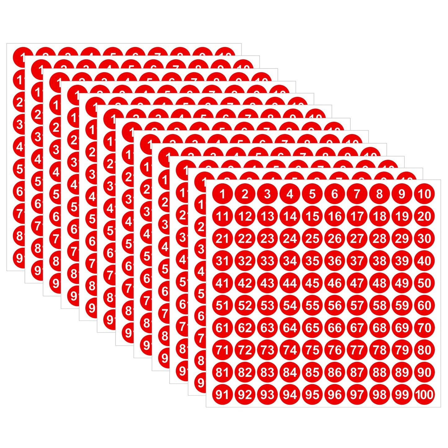 Molain 2500Pcs 1 to 100 Number Stickers, 25 Sheets Vinyl Number Stickers, Waterproof Labels, Self-Adhesive Numbered Stickers for Inventory Sorting, Storage Boxes, Office&School Supplies (Red, 0.4Inch)