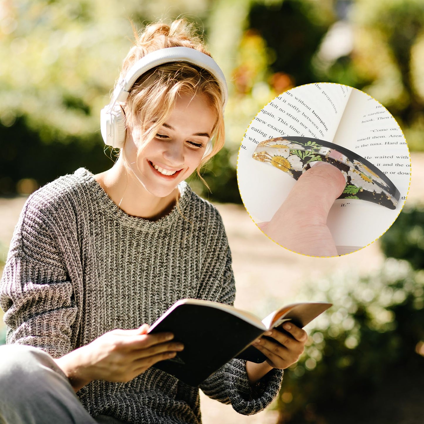 Andibro Dried Flower Resin Book Page Holder, 2 Pcs Handmade Real Flowers Thumb Bookmark Press Flower Thumb Ring Page Holder Reading Accessories Book Opener Floral Bookmark for Teachers Book Lovers