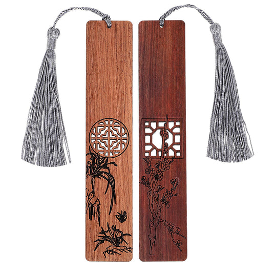 Amaxiu Wooden Bookmarks for Men Women, 2PCS Handmade Carving Wood Book Mark Hollow Vintage Bookmark Gift Natural Book Markers for Book Lovers Students(B)