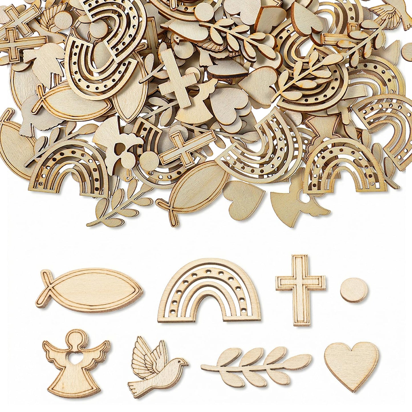 WJIAAA Pack of 200 Christening Decorations for Christening Boys and Girls, 8 Designs Wooden Hearts Rainbow Table Decoration Communion Made of Wood for Confirmation Communion Confirmation Baby Shower