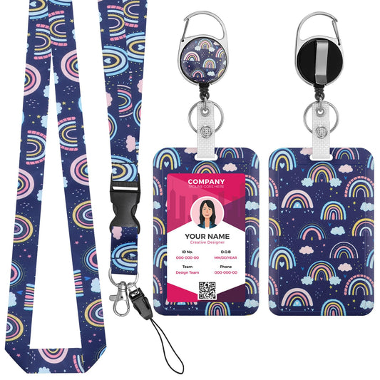 Amaxiu Rainbow Boho Badge Holder with Retractable Reel Clip and Neck Lanyard Vertical ID Card Protector Plastic Name Card Case for Teacher Nurse Doctor(A)
