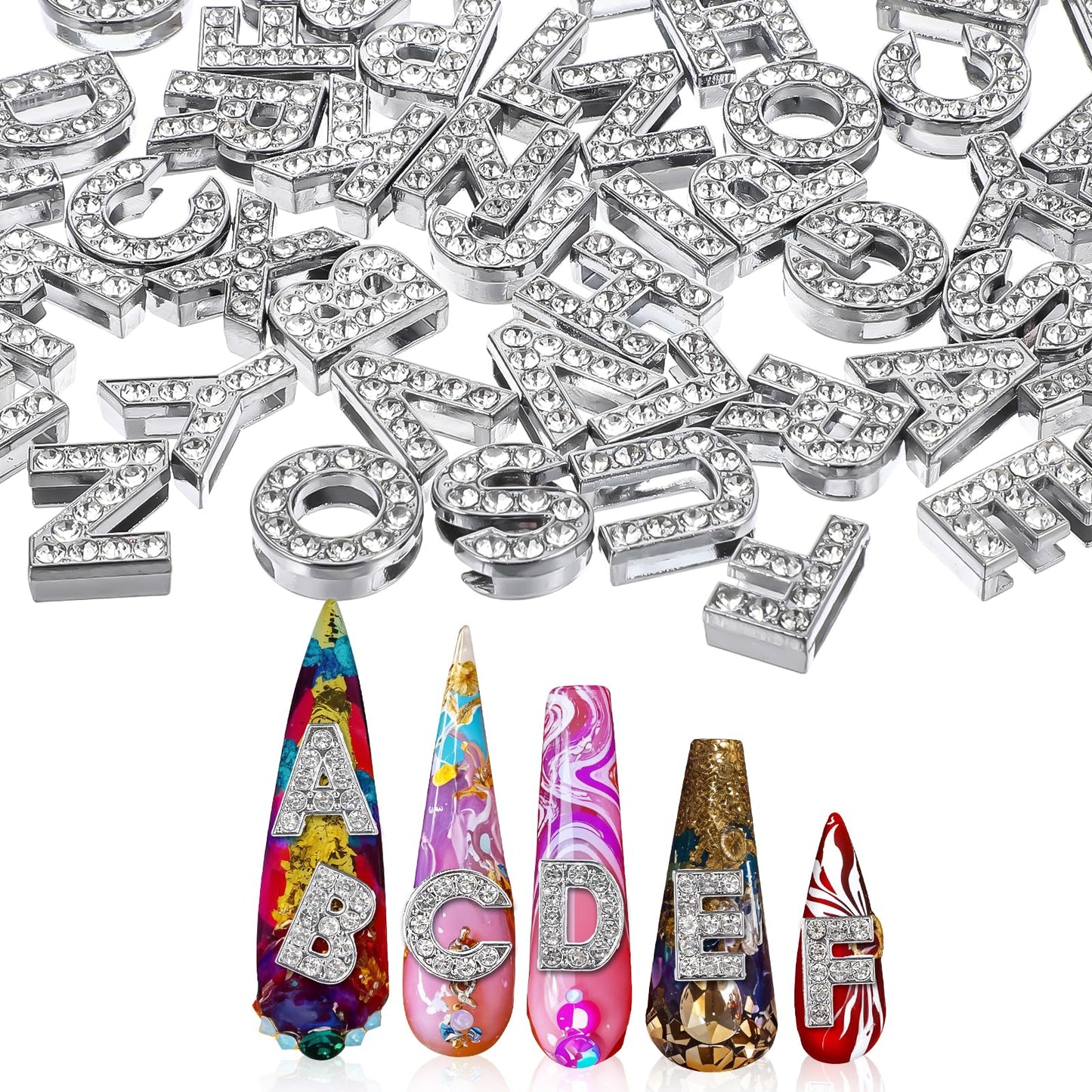 Yuanchu Large Letter Charm, DIY Perforation Accessories, A-Z Letter Pendants, Pack of 52, 3D Chrome Nail Charms, Nail Art, Letter Threading Beads, Compatible with European Bracelets Women, Rhinestone