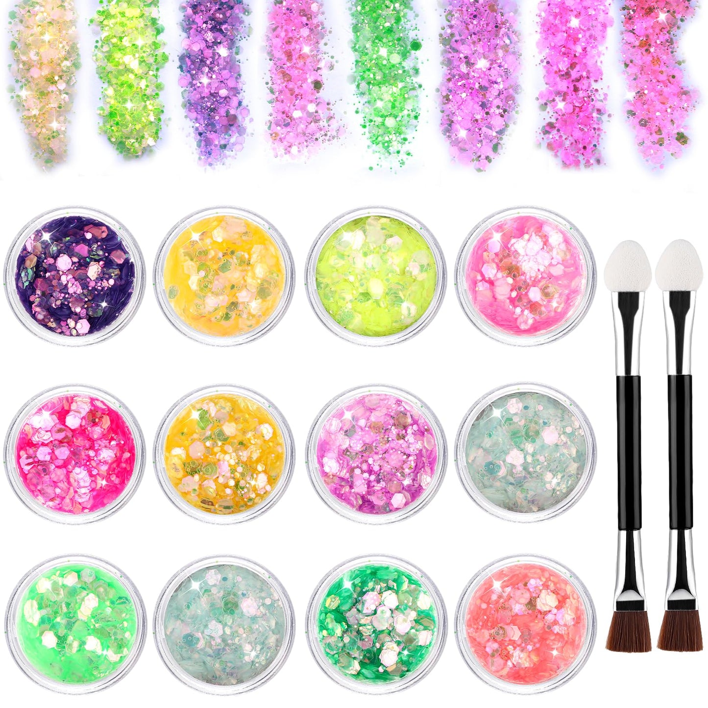 Giantree 12 Colors Glitter Sequin Set with 2 Double-Head Cotton Brushes, Festival Glitter Face Rainbow Sequins for Nails Hair Eyes Lips Body Halloween Makeup Glitter DIY Crafts ()