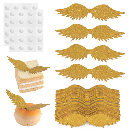 cobee 40pcs Gold Giltter Wings Cake Toppers Decoration, Wizard Party Chocolate Decoration Golden Wings Cupcake Toppers Shiny Party Supplies Favors for Wizard Theme Party Anniversary Wedding