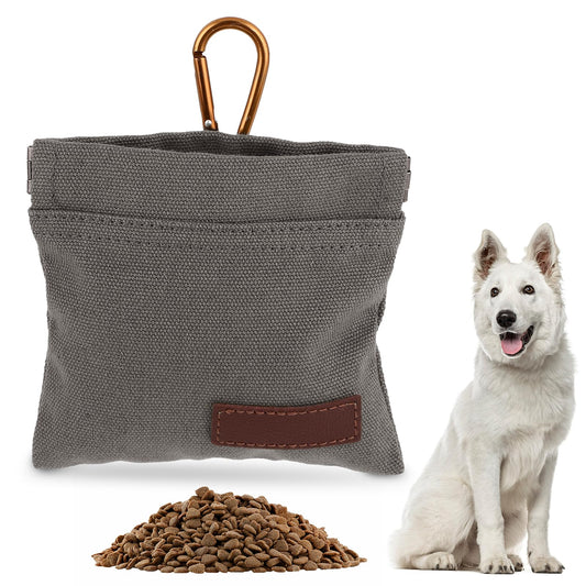 Jeffdad Canvas Dog Treat Pouch, Portable Puppy Dog Training Treat Pouch with Carabiner, Hands-Free Auto Closing Pet Snack Reward Pocket, For Pet Training Travel or Outdoor Use(Grey)