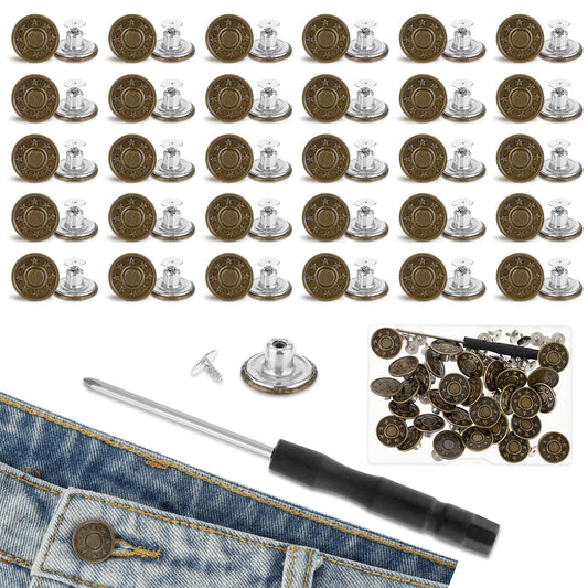 Amabro 30 PCS No Sewing Jeans Buttons Pins, Removable Instant Metal Buttons for Pants Replacement Pant Button Tightener Adjustable Reusable Kit with Threads Rivets and Screwdriver(20mm)