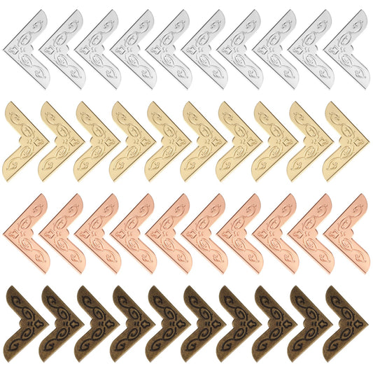 Bewudy 80 Pcs Metal Book Corner Protector, 4 Colors Vintage Iron Book Corner Protector for Scrapbook Photo Album, Triangle Carved Notebook Folder Corner Decorative Frame Angle(Style B)