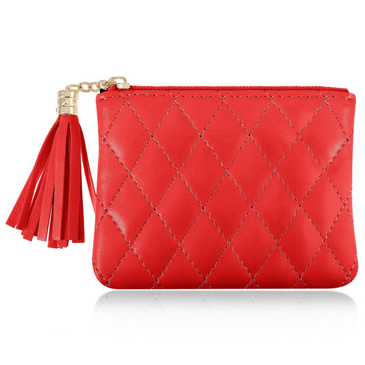 TIESOME Coin Purse with Tassel, Rhombus Embroidery PU Zipper Coin Purse Portable Wallet Short Ladies Coin Purse for Women Coin Pocket Credit Card ID Key Headset Lipstick (Red)