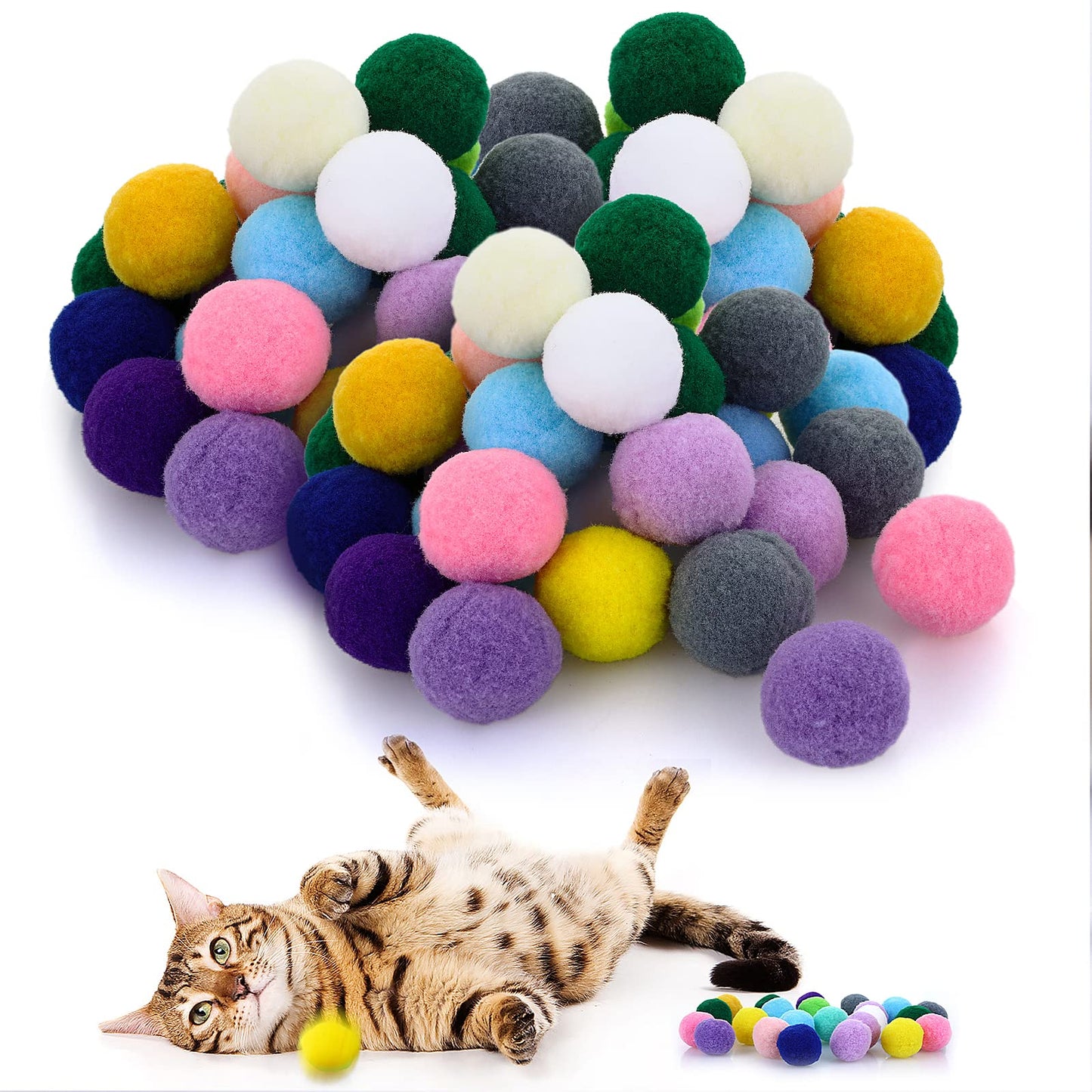 cobee Cat Ball Toy, 50 Pieces Soft Cat Pom poms Balls Toy 1 Inch Cat Toy Ball Interactive Play Toy for Indoor Cat Kitten Pompom Ball Toy