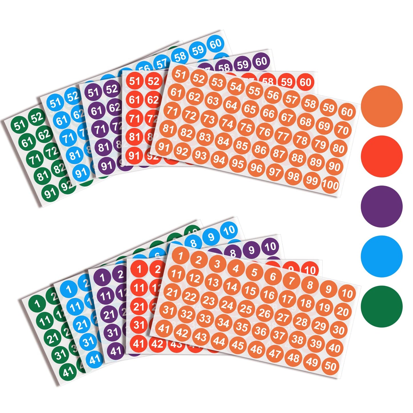 cobee Number Stickers, 1 Inch Numbered 1 to 50 and 51 to 100 Vinyl Number Stickers Self-Adhesive Small Round Number Stickers Inventory Stickers Labels Decal for School Office(10 Sheet, 5 Colors)