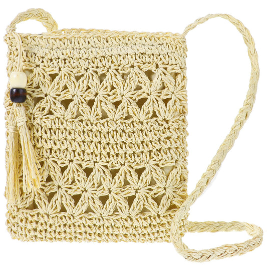 AOZUO Straw Mesh Beach Crossbody, Women Summer Clutch Purse Travel Woven bag Handbag Shoulder Bag with Tassel, Off-white