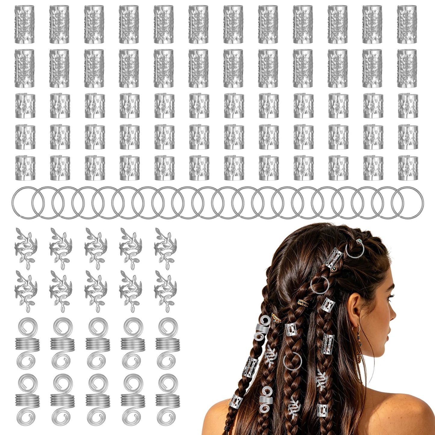 WJIAAA Pack of 100 Viking Hair Accessories, Silver, Dreadlocks Jewellery, Adjustable Hair Beads, Hair Spirals, Women, Men, Teenagers for Braids, Hair Accessories, Hair Rings Cuffs (Silver)