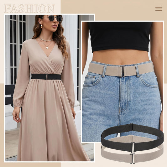 JJUNW 2Pcs No Show Stretch Belt for Women, Adjustable Invisible Elastic Tuck Band, Strap Crop Belt with Flat Buckle for Jeans Pants Dresses