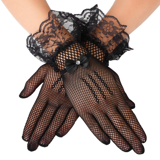 Giantree Women's Lace Gloves, Elegant Short Lace Gloves Groovy Wedding Gloves for 70s Bride Cosplay Bachelorette Party Outfit Accessories(Black)