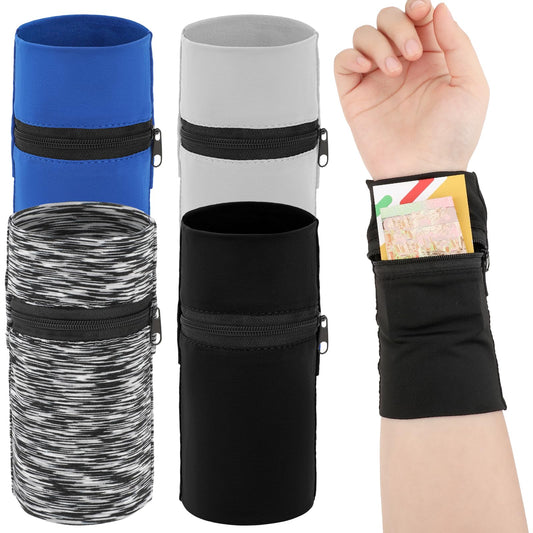 cobee 4 Pcs Wrist Wallet with Zipper, Pocket Wrist Wallet Zipper Wrist Pouch, Sweatband Wristband Wallet for Keys Cards Cash for Gym Sports Running Walking (Color A)