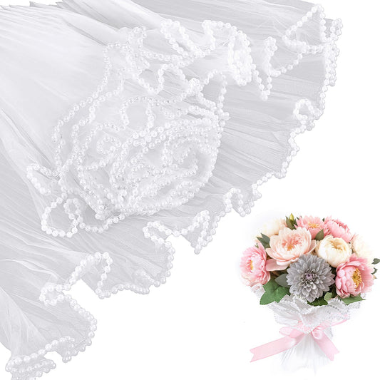 AOZUO Pearl Mesh for Bouquets, 4.37 Yards White Flower Wrapping Paper Pearl Lace Mesh Wrinkled Translucent Packaging Net Yarn Bouquet for Party Favor Decor Florist Supplies Wedding Gift Packaging
