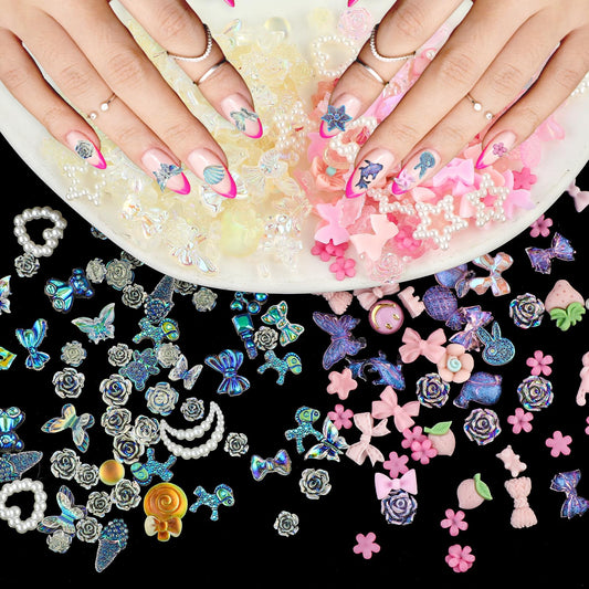 Amaxiu 200Pcs 3D Resin Nail Charms, Multi Styles Butterfly Flower Heart Pearls Bear Nail Rhinestones Charms Pink Aurora Nail Gems Nail Decoration Accessories for Nail Art Design DIY Crafts Jewelry