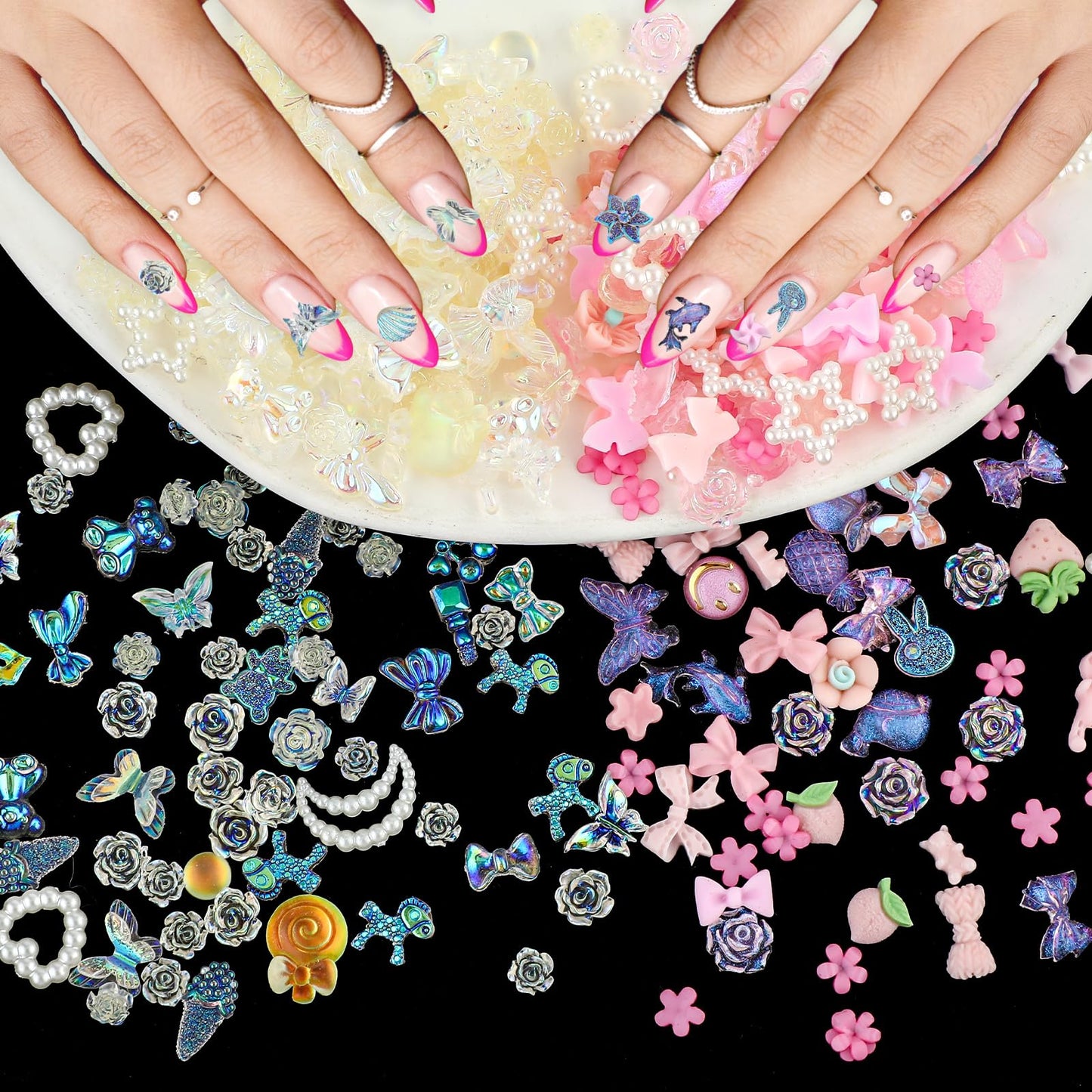 Amaxiu 200Pcs 3D Resin Nail Charms, Multi Styles Butterfly Flower Heart Pearls Bear Nail Rhinestones Charms Pink Aurora Nail Gems Nail Decoration Accessories for Nail Art Design DIY Crafts Jewelry