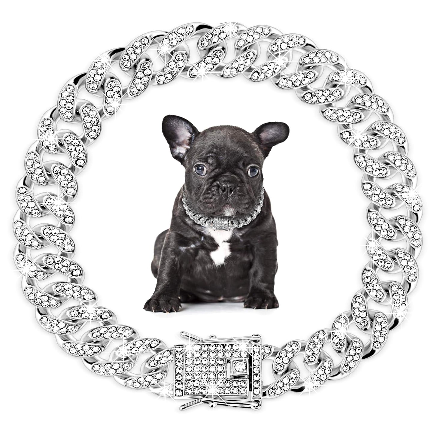 Amabro Rhinestone Dog Chain Collar, Adjustable Cuban Link Dog Collar with Secure Buckle Design Metal Cat Chain Necklace Pet Collar Jewelry Accessories for Small Medium Large Dogs Cats(Silver)