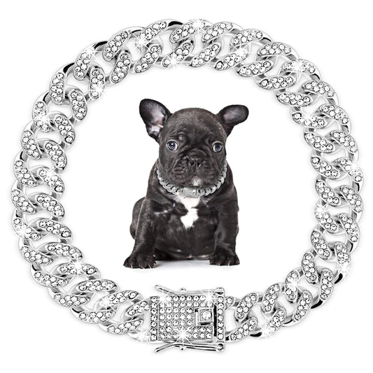 Amabro Rhinestone Dog Chain Collar, Adjustable Cuban Link Dog Collar with Secure Buckle Design Metal Cat Chain Necklace Pet Collar Jewelry Accessories for Small Medium Large Dogs Cats(Silver)