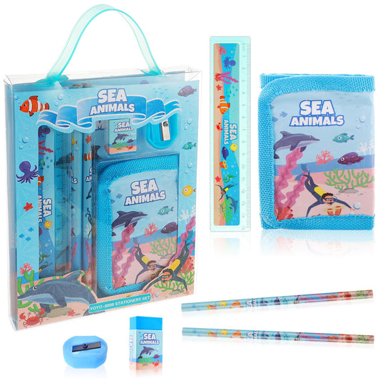 Andibro Cute Animals Stationery Set, Kawaii School Supplies Set Including 2 Pencils Pencil Sharpener Rulers Eraser Coin Purse Universal Office Supplies Back to School Gift for Boys Girls (B)