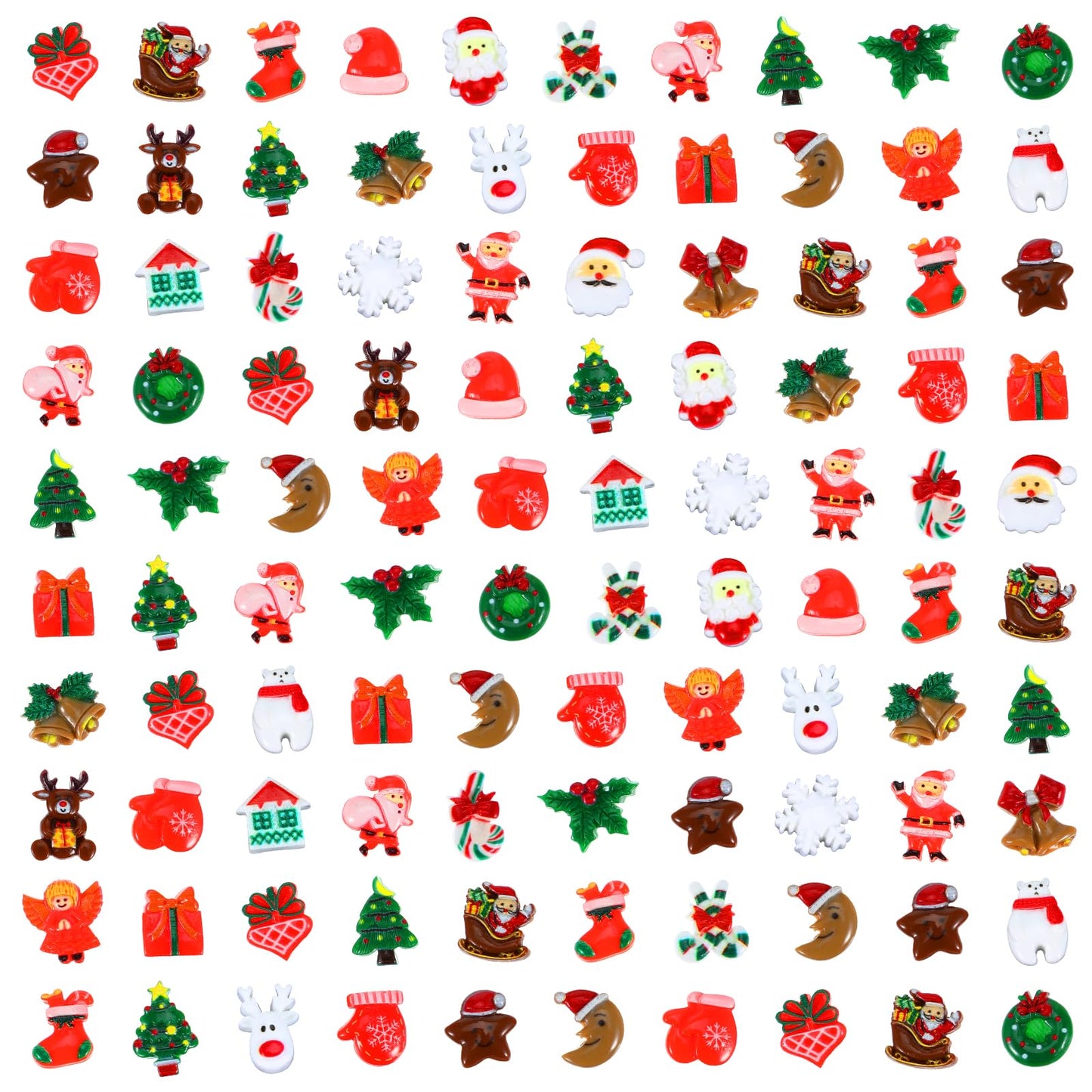Amabro 100PCS Christmas Flatback Charms, Mini Christmas Craft Resin Decoration Xmas Santa Snowman Tree Bell Ornaments for DIY Crafts Jewelry Cell Phone Case Scrapbooking